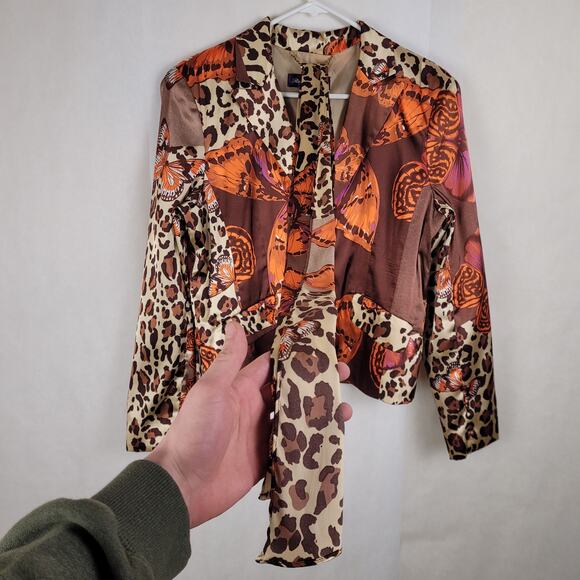 Russell Keng Womens Silk Brown and Orange Butterfly and Cheetah Print Jacket - Picture 6 of 6